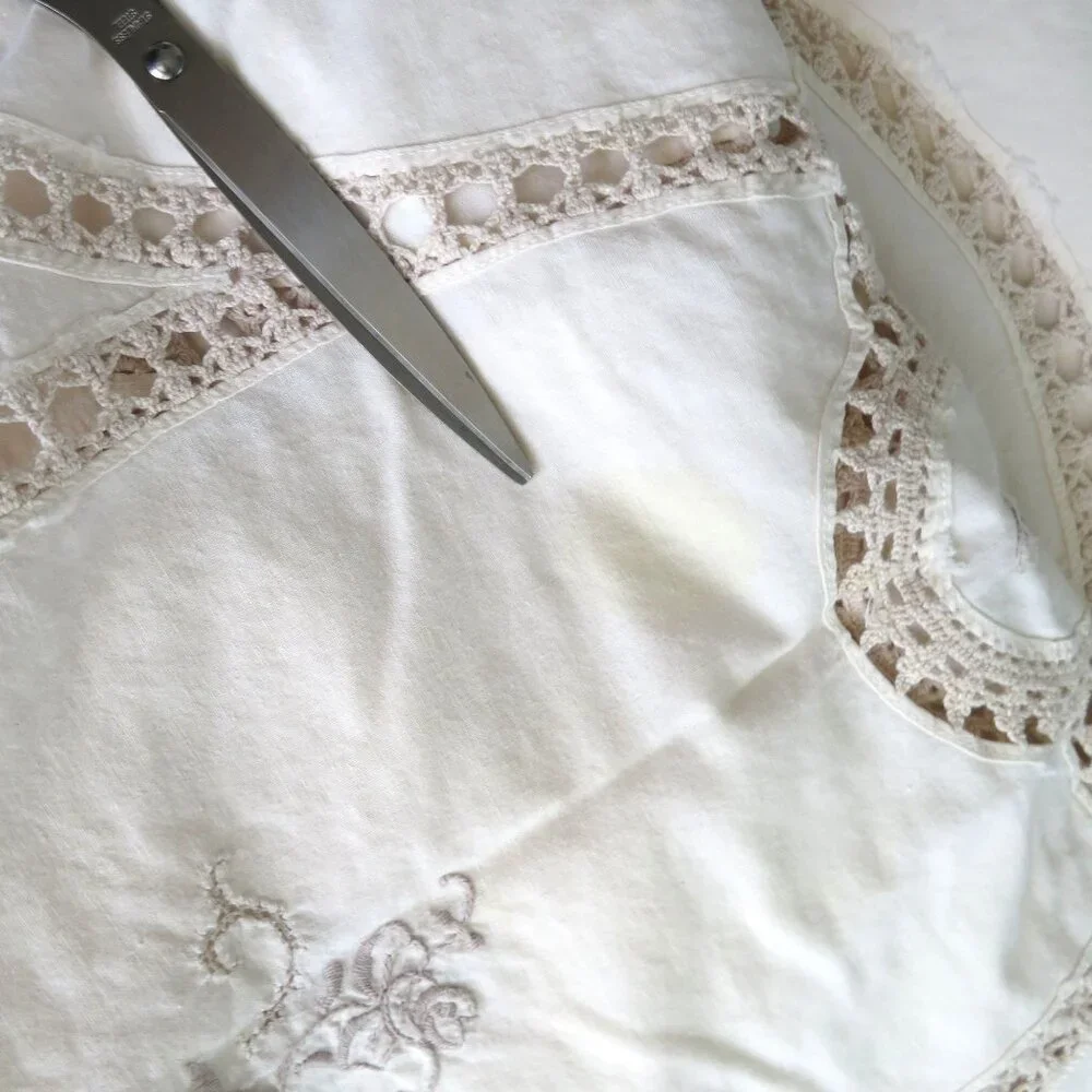 Vintage Beige Cotton Tablecloth Embroidered Floral Crochet Lace Details 48 x 66 - Picture 12 of 12